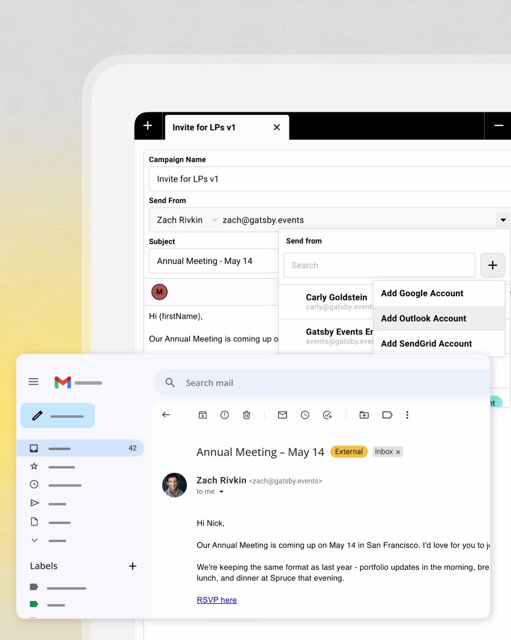 Gatsby invitation sent from partner's Gmail account